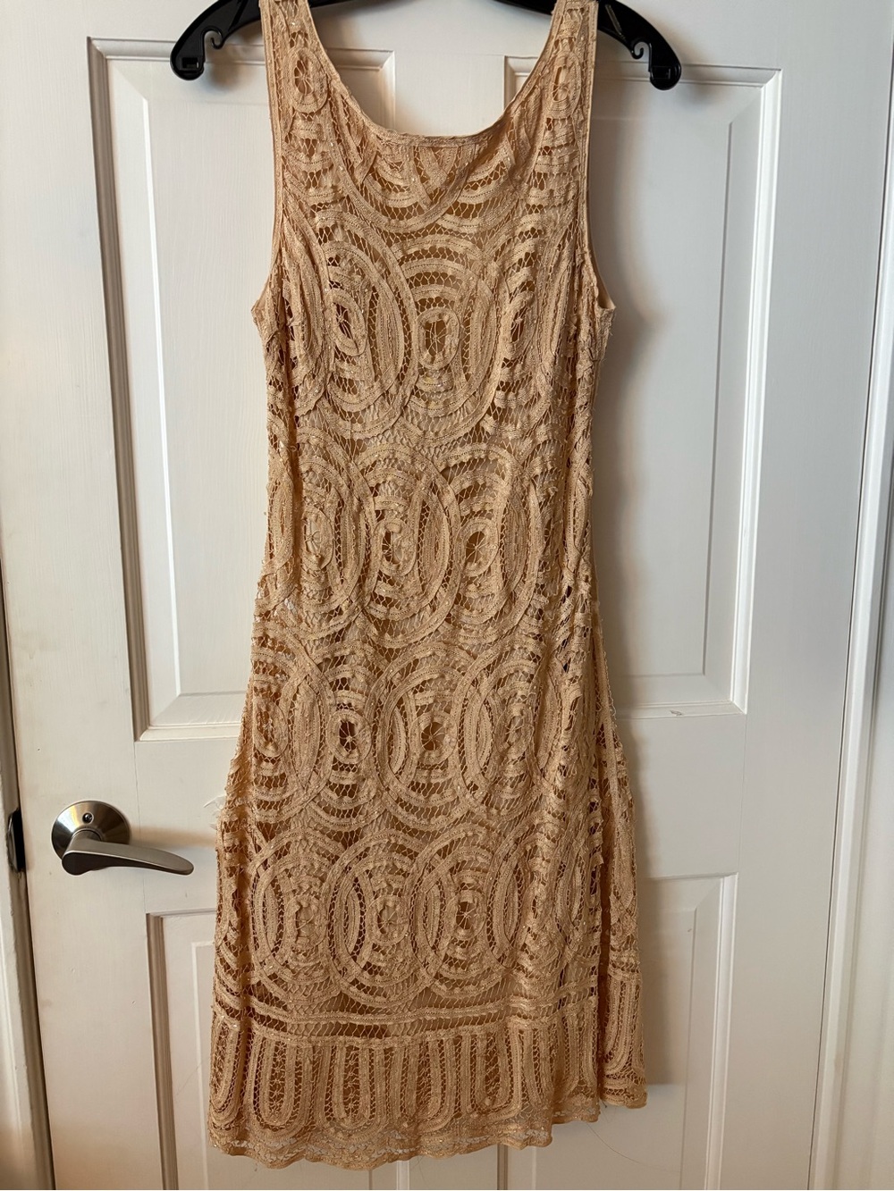 Sleeveless Midi Lace Dress in Beige and Gold Embellishments